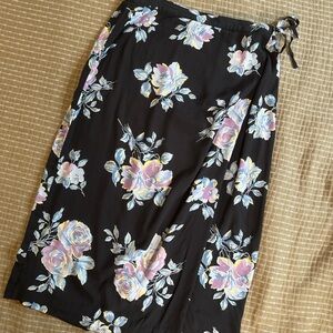 Vintage 90s Liz Claiborne Villager Black Floral Wrap Midi Skirt 14P M/L